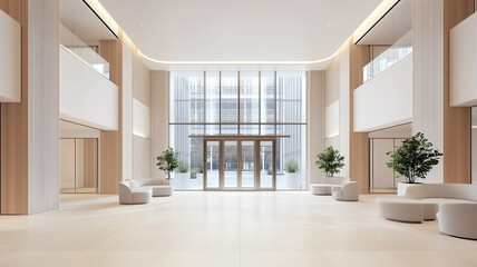 Modern office lobby with natural light and minimalist design elements