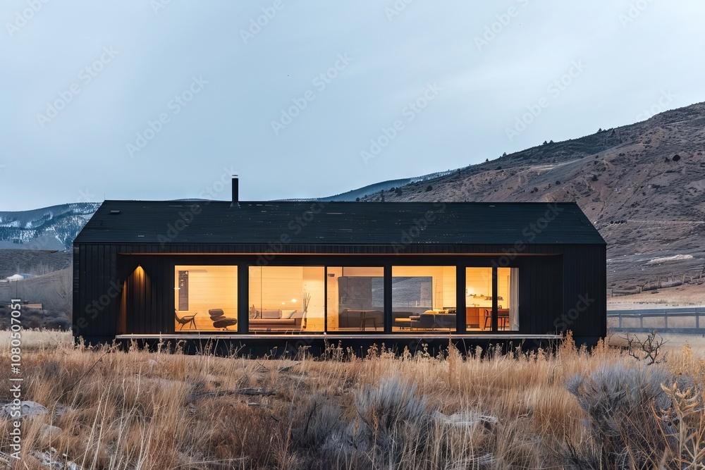 Poster a black house with a large window on the front. the house is on a grassy field