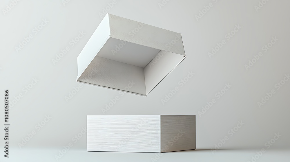 Poster a minimalist floating white box above a simple wooden box in a softly lit studio setting, capturing 