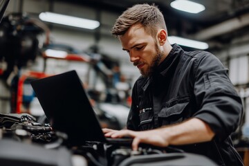 Car mechanic in black uniform utilizing laptop for engine diagnostics in garage setting