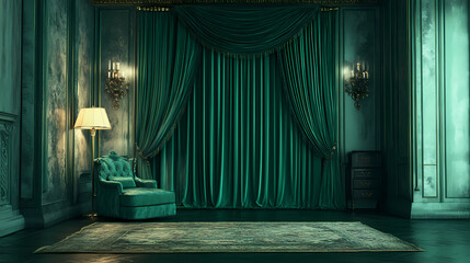 Fototapeta premium Luxurious emerald green curtains covering a wall in an opulent room with moody lighting. Opulent. Illustration
