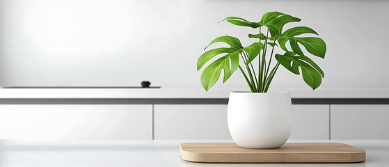 Monstera deliciosa plant modern interior home decor tropical vibe close-up view greenery concept