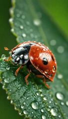 Fototapeta premium Ladybug walking on wet green leaf in spring