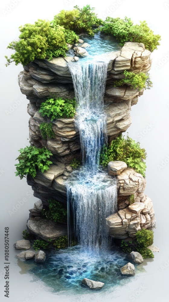 Poster a cascading waterfall flows down a tall stack of rocks with lush greenery on top.