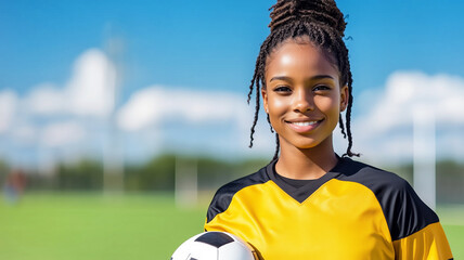 Smiling female soccer player holding ball on sunny field