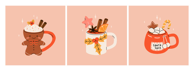 Christmas hot drink collection. Flat cartoon beverages. Holiday cute mugs with hot cocoa, coffee, and mulled wine. New year drinks decorated with sweets and candy. Isolated vector illustration