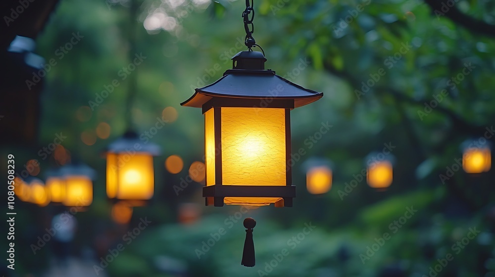 Aufkleber captivating glow of lanterns illuminating a serene garden path in soft evening light, creating a tra