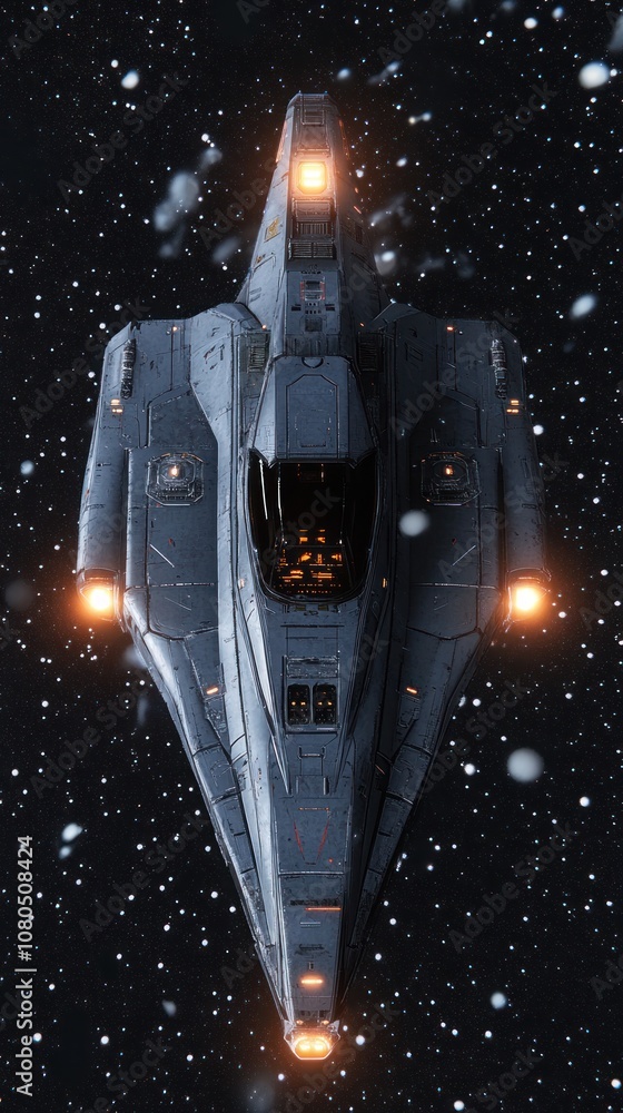Poster a futuristic spaceship with a sleek design and glowing lights, soaring through the vastness of space