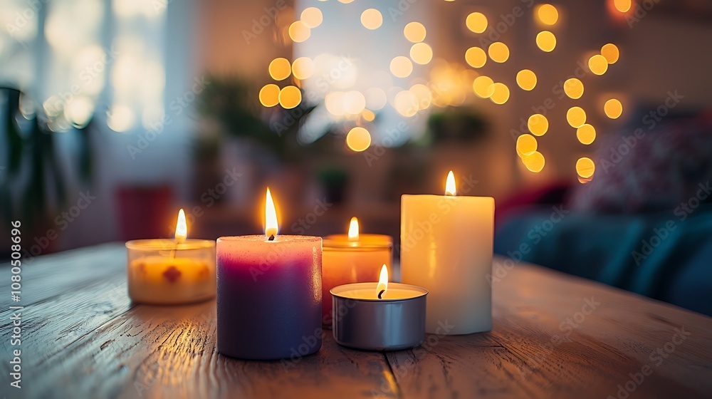 Poster a tranquil evening scene featuring colorful candles with soft flames creating an atmosphere of warmt