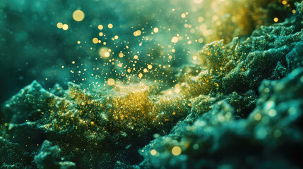 Fototapeta premium Golden light particles create a festive mood on deep green coral texture for a Christmas ambiance