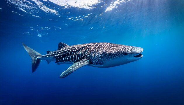 a whale shark gliding gracefully through the deep blue sea. whale shark (Rhincodon typus) is a slow-moving, filter-feeding carpet shark and the largest known extant fish species. 