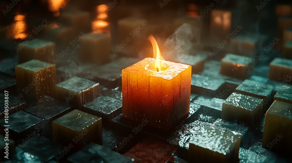 Poster a glowing cube surrounded by reflective surfaces, soft flames emanating from the center, creating a 