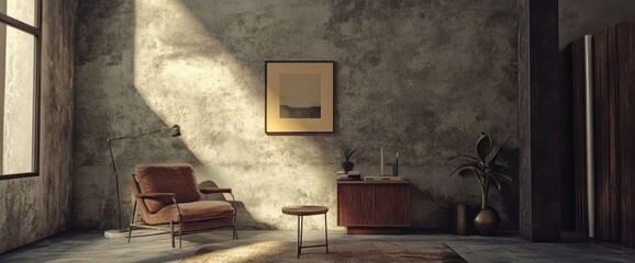 Sunlit Interior with a Brown Leather Armchair and a Side Table