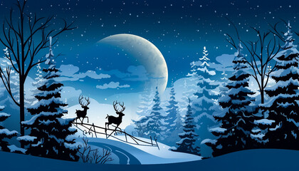 Naklejka premium Two Friendly Reindeer Walking In The Night