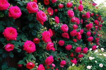 Fototapeta premium Vibrant Climbing Roses Flourishing in Lush Garden Foliage