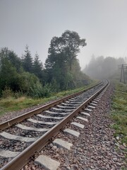 Fototapeta premium Railway tracks in the fog. Rails and crushed stone. Industrial landscape. Railway junction. Heavy industry, Railway track. 