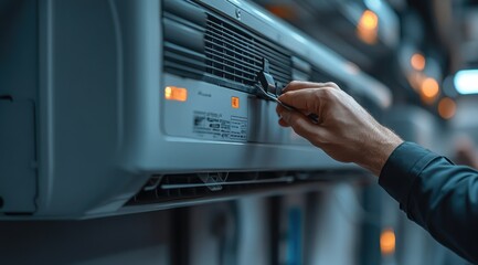 Close-up of a hand adjusting the temperature on a wall-mounted air conditioner unit.