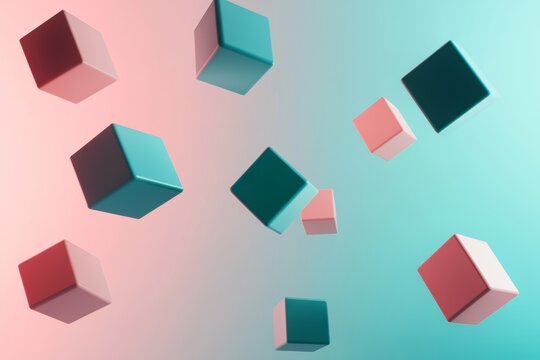 Fototapeta Eight minimalist floating cubes in dark teal and light pink palette   3d render design