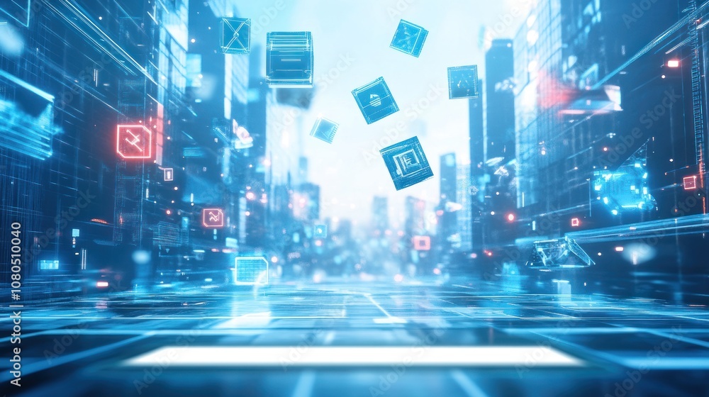 Poster a futuristic cityscape with floating digital icons and a glowing grid.