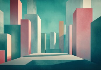 Minimalist abstract animation featuring floating cubes and simple shapes in muted teal and pink hues