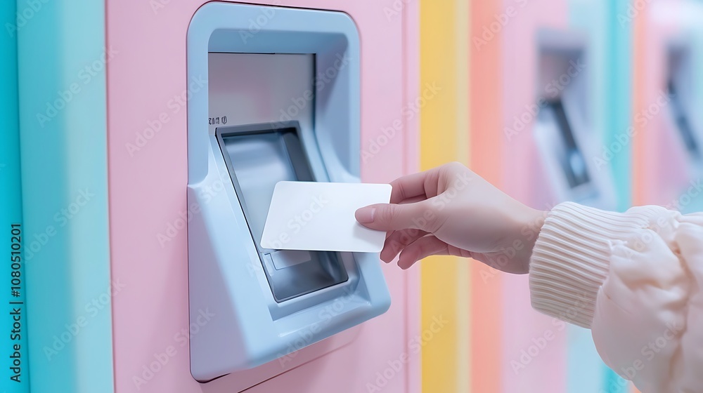 Poster hand inserting blank card into atm machine with colorful background in modern digital payment concep