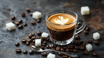 A beautifully styled espresso drink surrounded by coffee beans, sugar cubes, and a silver spoon, emphasizing a cozy cafe atmosphere