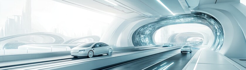 Fototapeta premium Futuristic urban landscape featuring sleek vehicles in a high-tech environment.