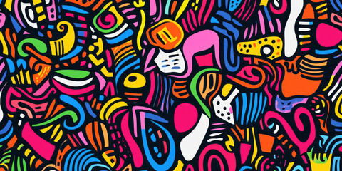 Fototapeta premium Colorful doodle seamless pattern featuring bold geometric and freeform shapes in neon shades