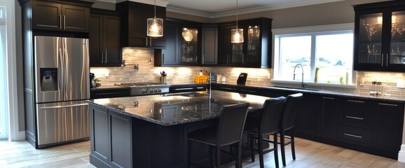 Modern Kitchen with Black Cabinets and a Granite Island