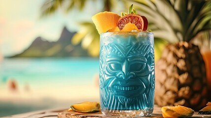 A Blue Hawaii cocktail served in a tiki glass, with tropical fruit garnish and a beach scene in the background.