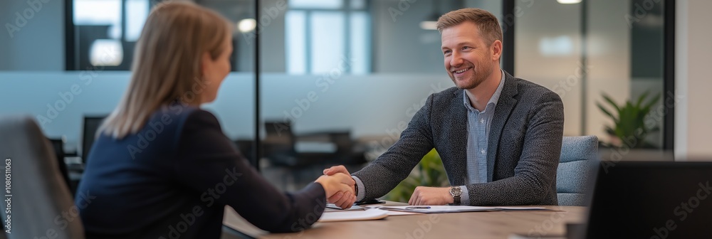 Poster engaging in a professional business meeting held in a sleek and contemporary office setting focused 