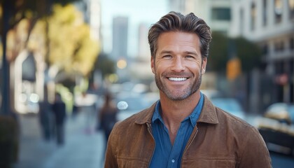 Obraz premium Charming man in his late thirties smiles on the streets of los angeles with stylish attire