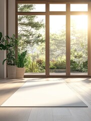 A serene yoga space with a mat, large windows, and natural light illuminating the greenery.