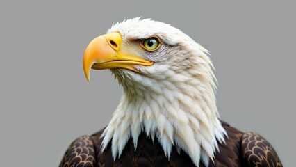 Obraz premium Majestic bald eagle perched gracefully, showcasing its sharp gaze and striking features against a muted background, capturing the essence of wildlife