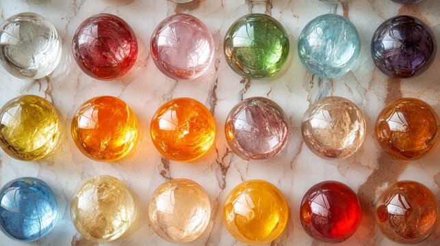Circular arrangement of vibrant gemstones on a marble surface