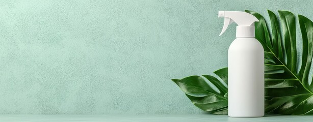 Minimalist white spray bottle with green tropical leaves on a textured mint background, ideal for eco-friendly cleaning or skincare concepts.