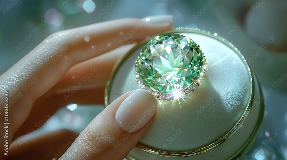 Poster close-up of a hand holding a sparkling green gemstone on a soft cushion surrounded by glamorous ligh