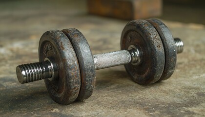 Fototapeta premium Close-up of dumbbells on a blurred background in a gym, close-up of one or two metal weights with copy space for text, and focus on the foreground object. 