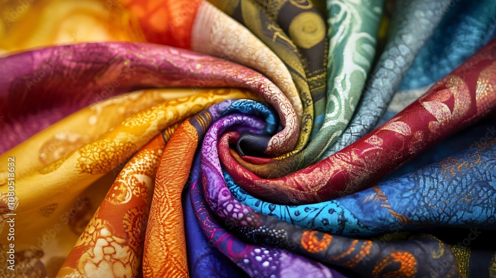 Poster a vibrant swirl of colorful fabrics showcasing intricate patterns and textures.