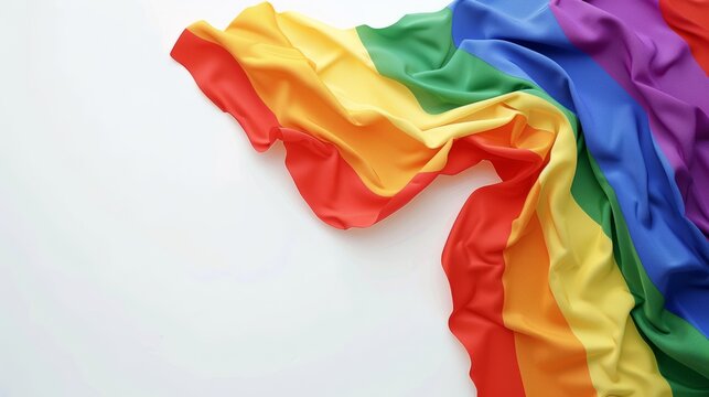A colorful rainbow pride flag draped on a white background, representing LGBTQ pride, diversity, and inclusion.