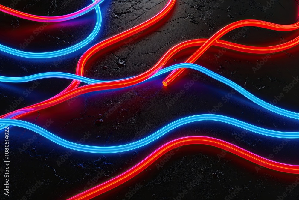 Poster vibrant 3d neon art with luminous threads on dark ink background