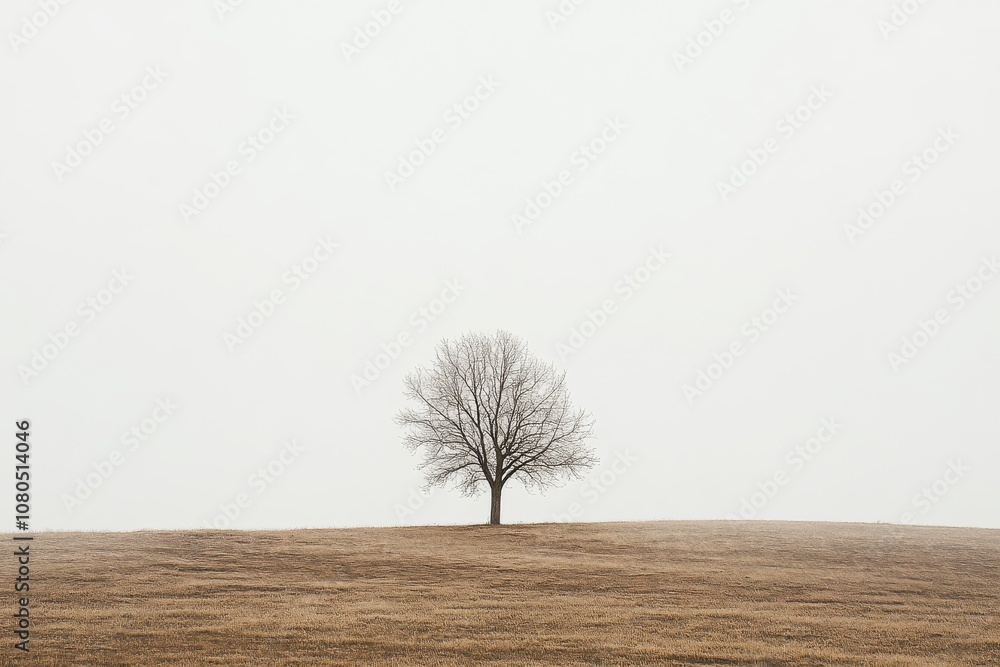 Poster a tree is standing in a field. the sky is cloudy and the tree is bare. the field is empty and the tr