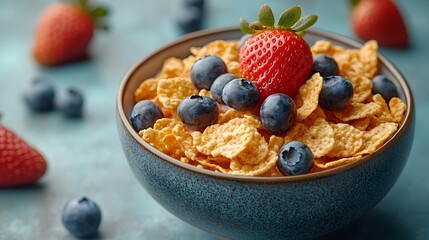 A bowl of cereal with blueberries and strawberries on top. The bowl is blue and the fruit is red