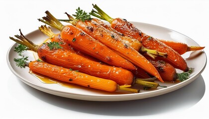 a plate of honey glazed roasted carrots isolated on a white background highlighting a sweet and savory vegetable dish