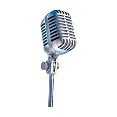 Fototapeta premium Close-up of a classic vintage microphone on a stand, showcasing its iconic retro design and polished metallic finish, ideal for audio recording and broadcasting themes.