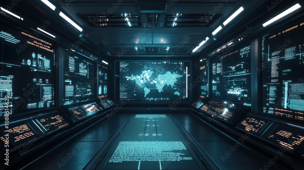 Poster futuristic control room with digital displays and a world map for monitoring and analysis.
