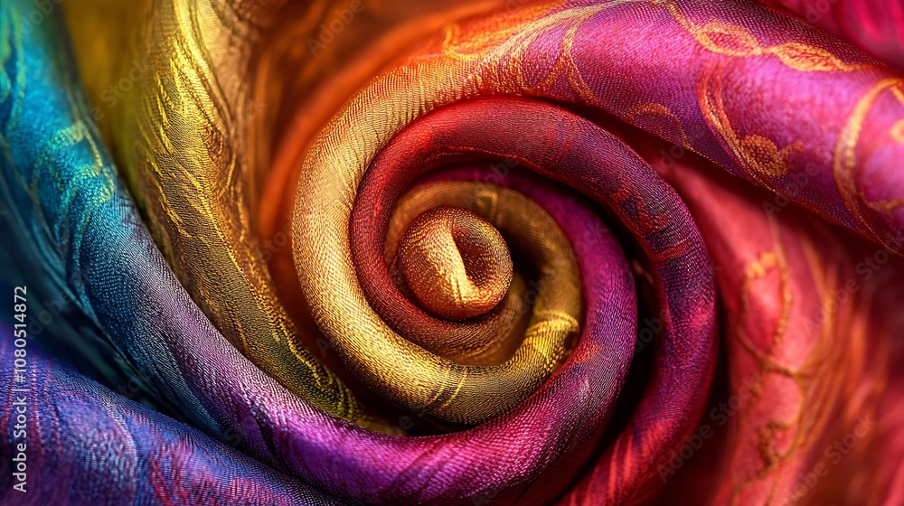 Poster a close-up of a colorful, intricately patterned fabric rolled into a spiral.