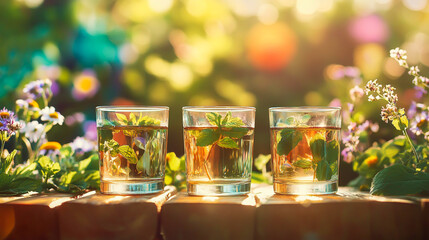 A photo of three glasses with tea, mint, and wild flowers on a wooden table in a garden, with a colorful, summer background