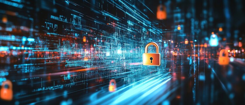 Cybersecurity illustration featuring lock and shield icons amidst a dynamic night cityscape
