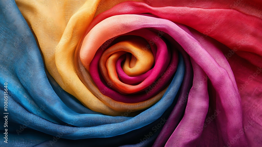 Poster a vibrant swirl of colorful fabric creating a visually appealing spiral pattern.